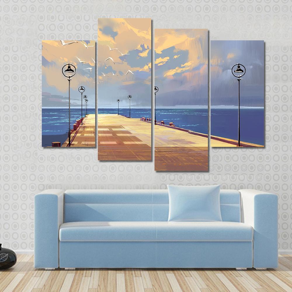 Bridge Near River illustration Canvas Wall Art-4 Pop-Gallery Wrap-50&quot; x 32&quot;-Tiaracle