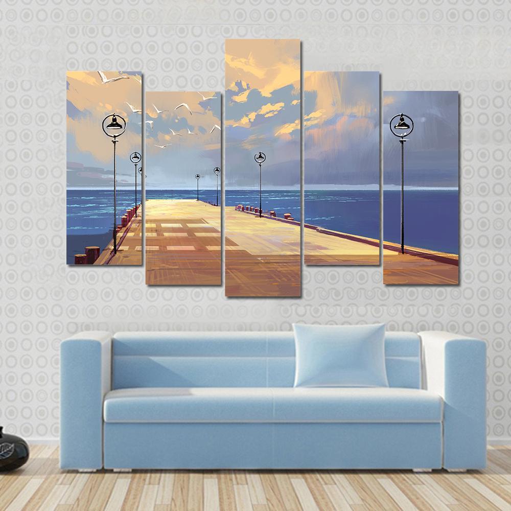 Bridge Near River illustration Canvas Wall Art-5 Pop-Gallery Wrap-47&quot; x 32&quot;-Tiaracle