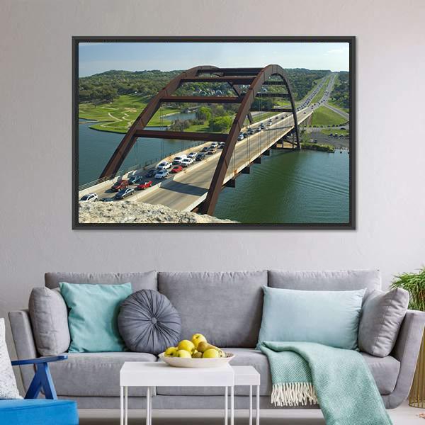 Arch Bridge in Austin, Texas Canvas Wall Art in brown, green and blue, framed canvas, product view on a white background