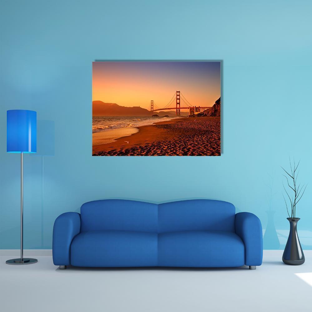 Golden Gate Bridge at Baker Beach Canvas Wall Art in brown, orange and blue, single panel hung on a wall