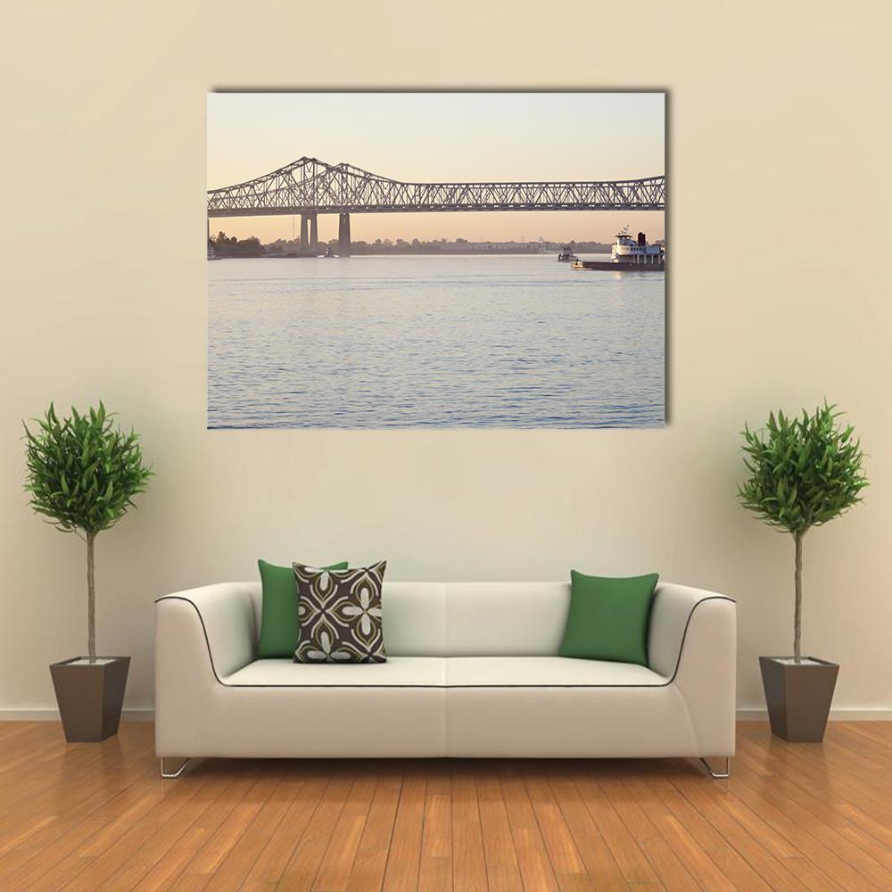 Mississippi River Truss Bridge Canvas Wall Art in gray, beige and blue, single panel hung on a wall