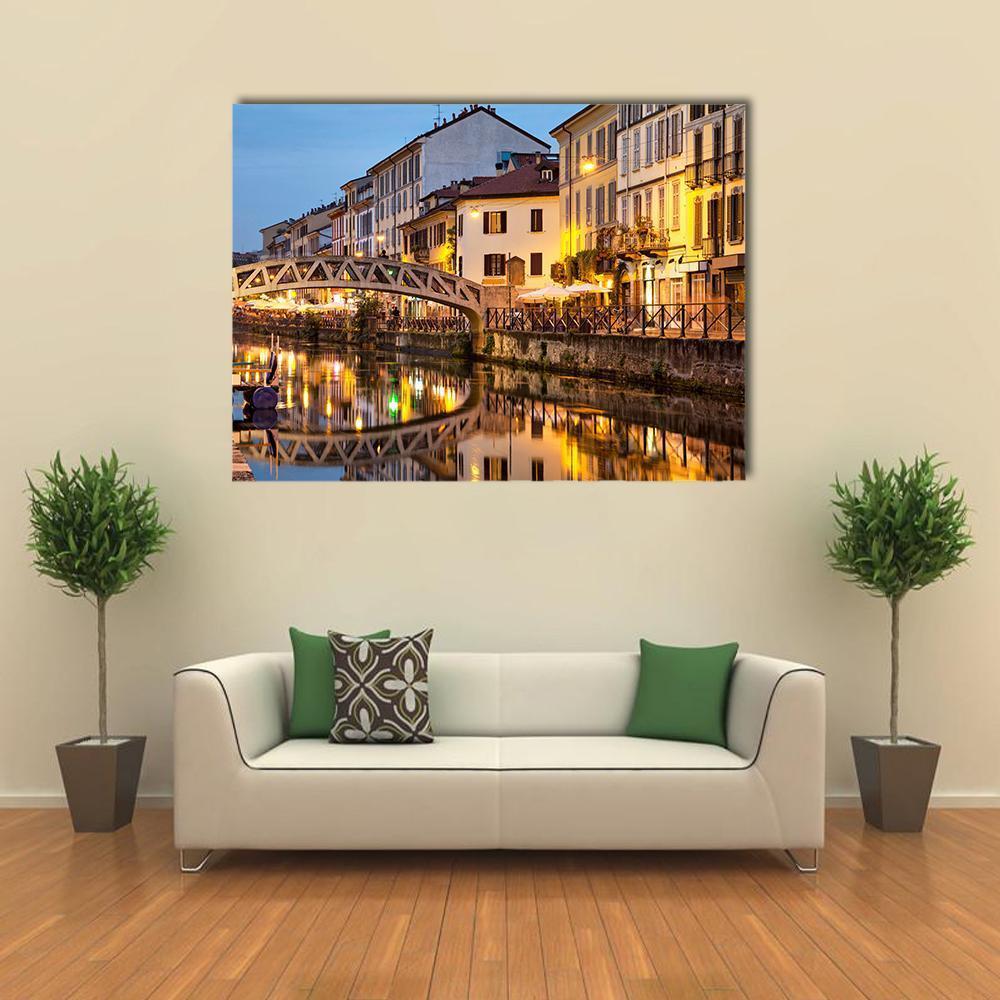 Naviglio Canal Bridge at Evening Canvas Wall Art in brown, yellow and blue, single panel hung on a wall