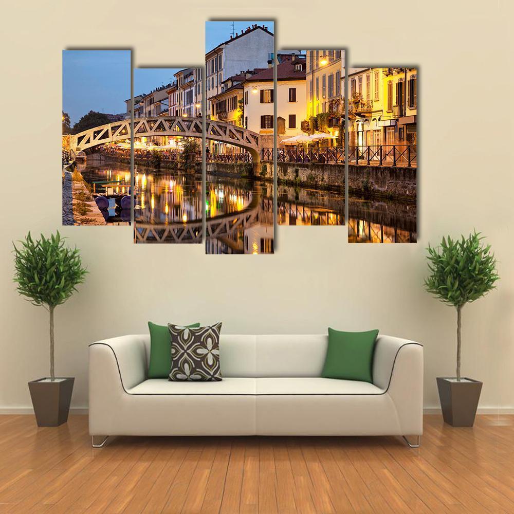 Bridge On Naviglio Canal Canvas Wall Art-5 Pop-Gallery Wrap-47" x 32"-Tiaracle