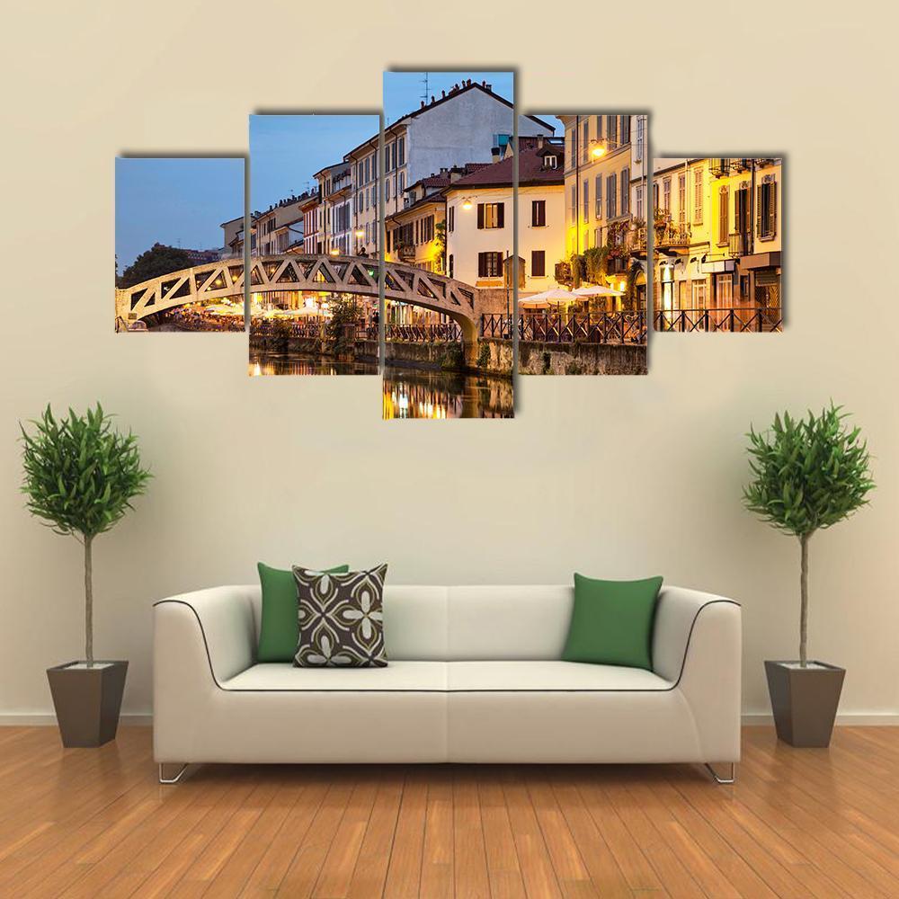 Bridge On Naviglio Canal Canvas Wall Art-5 Star-Gallery Wrap-62" x 32"-Tiaracle
