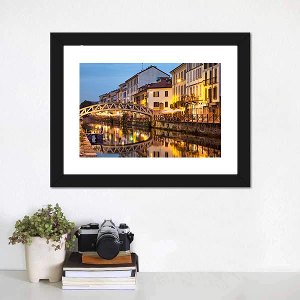 Bridge On Naviglio Canal Canvas Wall Art-1 Piece-Framed Print-20" x 16"-Tiaracle