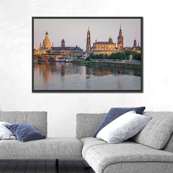 Bridge On River Of City Dresden Canvas Wall Art-1 Piece-Floating Frame-24" x 16"-Tiaracle