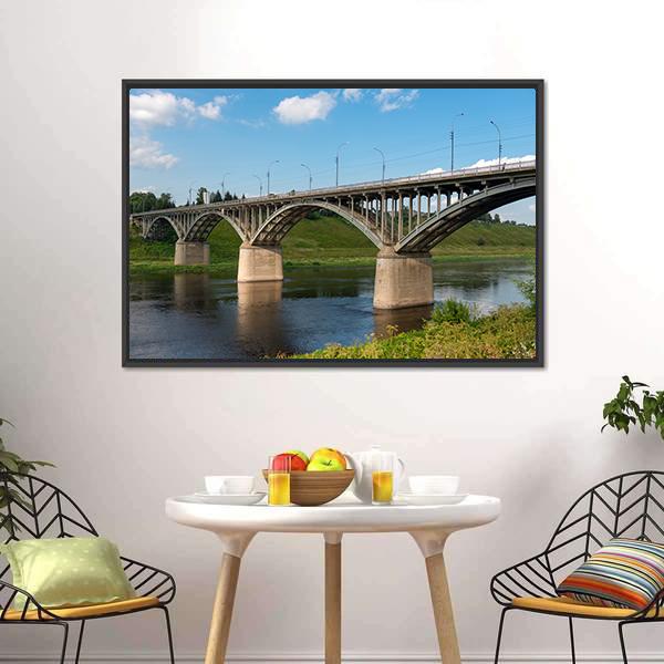 Bridge On Volga River Canvas Wall Art-3 Horizontal-Gallery Wrap-25" x 16"-Tiaracle