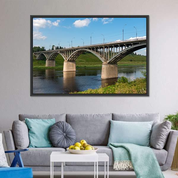 Bridge On Volga River Canvas Wall Art-1 Piece-Floating Frame-24" x 16"-Tiaracle
