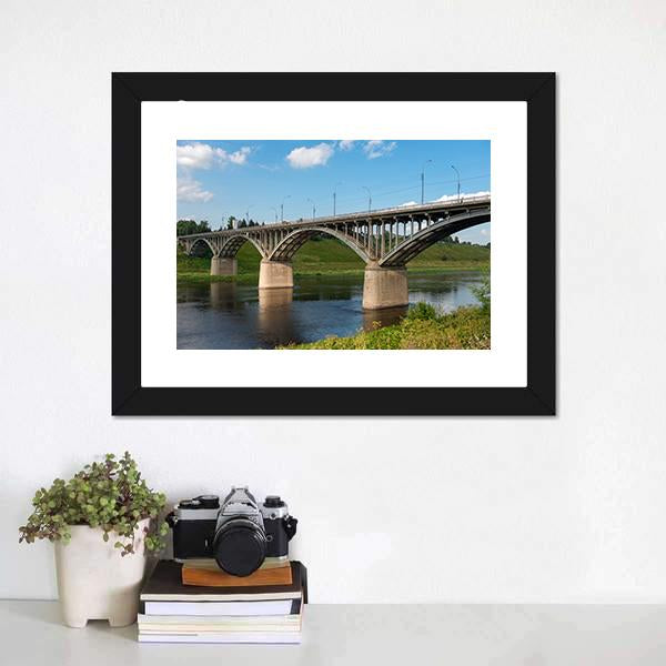 Bridge On Volga River Canvas Wall Art-1 Piece-Framed Print-20" x 16"-Tiaracle