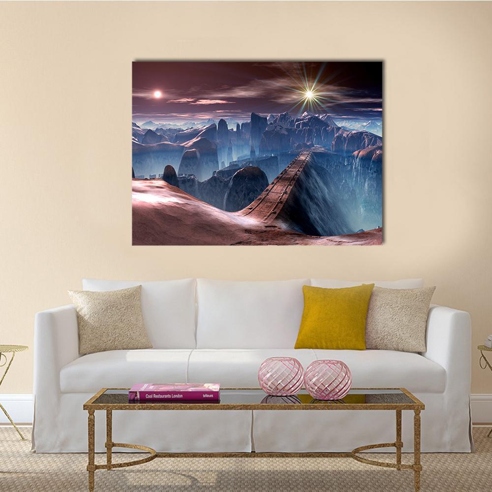 Bridge Over Alien Planet Canvas Wall Art in brown, blue and purple, single panel hung on a wall