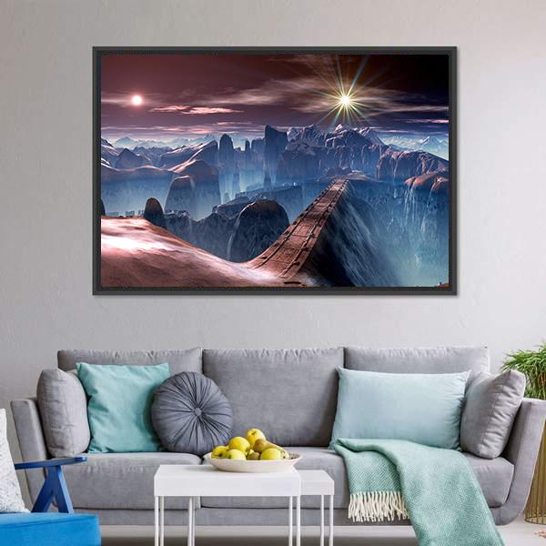 Bridge Over Alien Planet Canvas Wall Art-1 Piece-Floating Frame-24" x 16"-Tiaracle