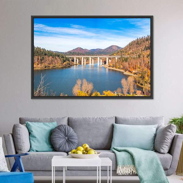 Bridge Over Bajer Lake Canvas Wall Art-1 Piece-Floating Frame-24" x 16"-Tiaracle