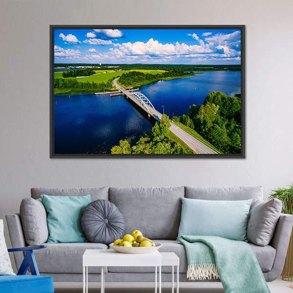 Bridge Over Blue Lake Finland Canvas Wall Art-1 Piece-Floating Frame-24" x 16"-Tiaracle