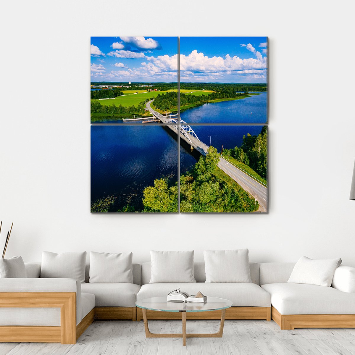 Bridge Over Blue Lake Finland Canvas Wall Art-4 Square-Gallery Wrap-17" x 17"-Tiaracle
