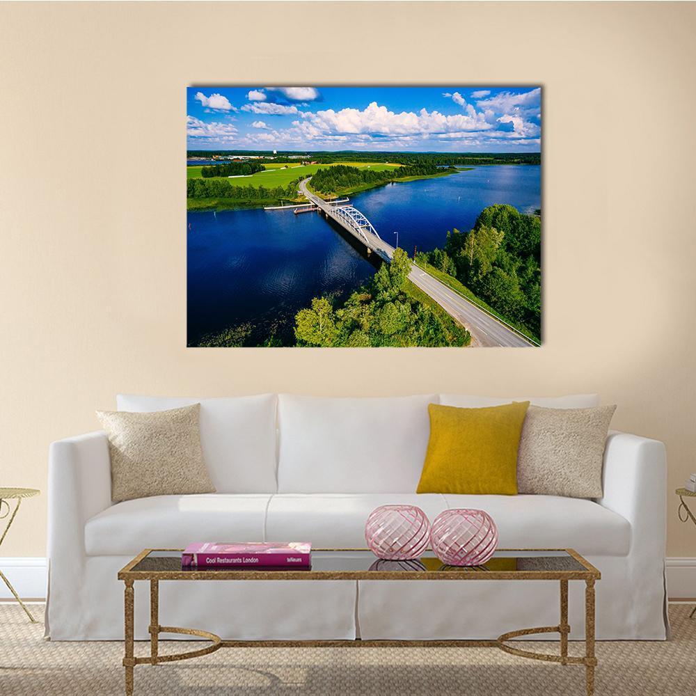Bridge Over Blue Lake Finland Canvas Wall Art-1 Piece-Gallery Wrap-48" x 32"-Tiaracle
