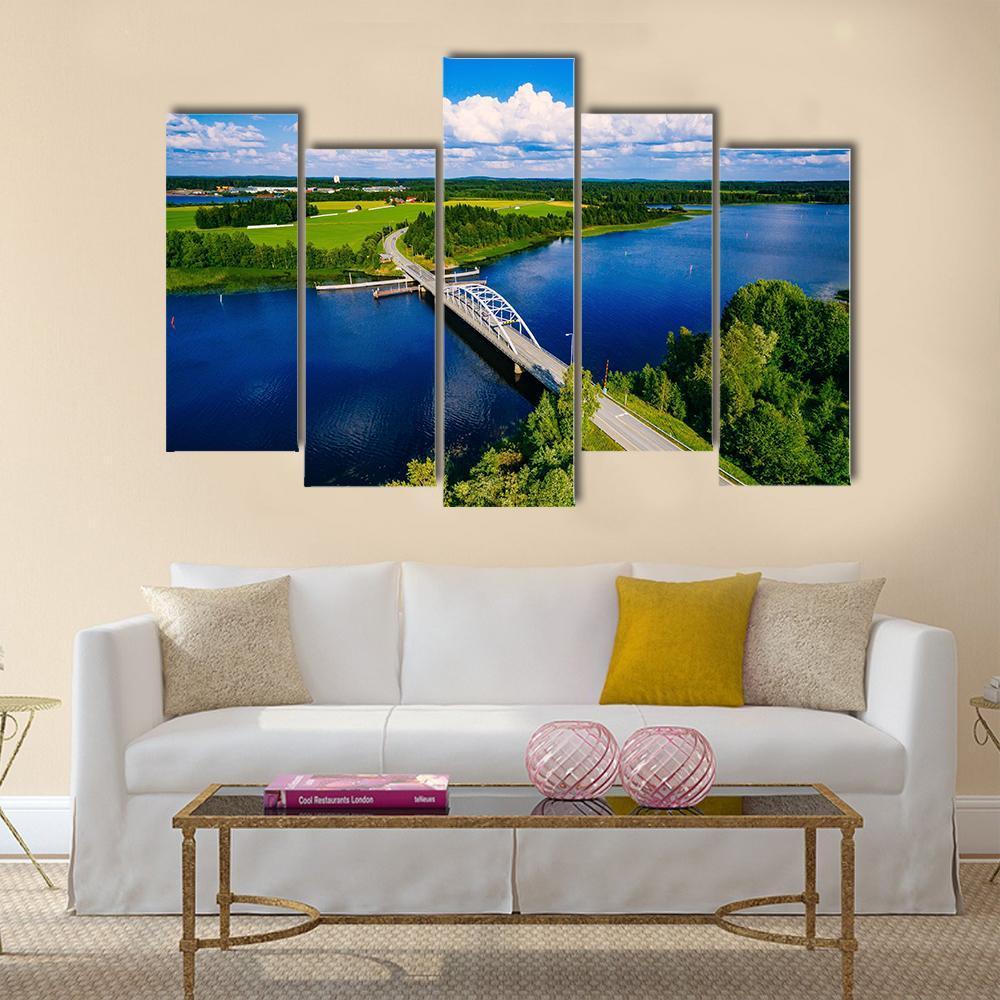 Bridge Over Blue Lake Finland Canvas Wall Art-5 Pop-Gallery Wrap-47" x 32"-Tiaracle