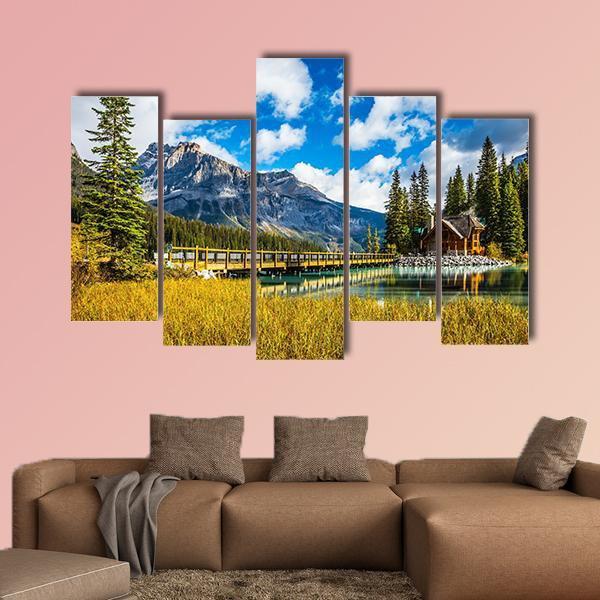 Bridge Over Emerald Lake Canvas Wall Art-5 Pop-Gallery Wrap-47" x 32"-Tiaracle