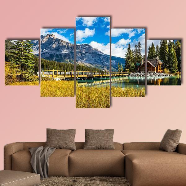 Bridge Over Emerald Lake Canvas Wall Art-5 Star-Gallery Wrap-62" x 32"-Tiaracle