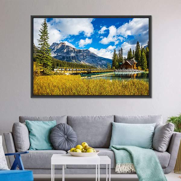 Bridge Over Emerald Lake Canvas Wall Art-1 Piece-Floating Frame-24" x 16"-Tiaracle