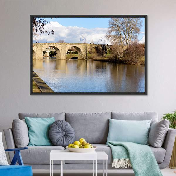 Bridge Over Lake France Canvas Wall Art-1 Piece-Floating Frame-24" x 16"-Tiaracle
