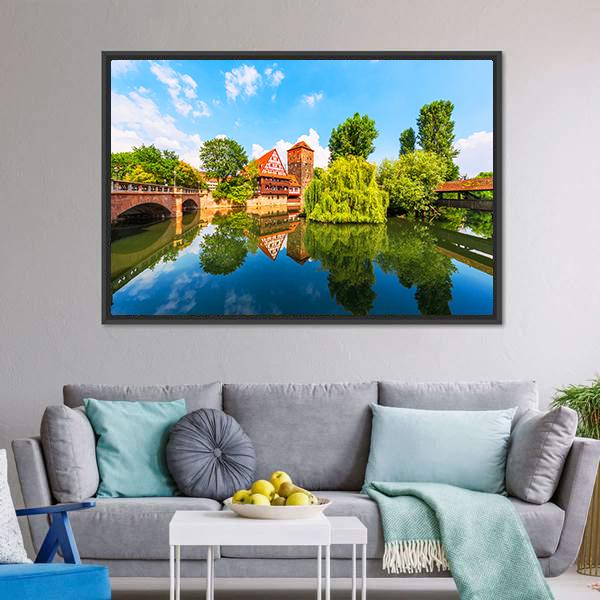 Bridge Over Pegnitz River Canvas Wall Art-1 Piece-Floating Frame-24" x 16"-Tiaracle