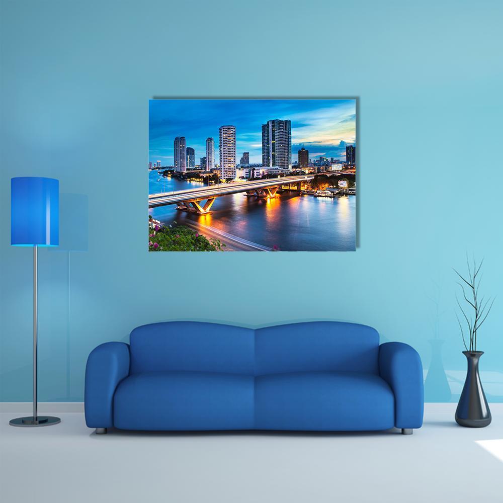 Bridge Over Phraya River Canvas Wall Art-3 Horizontal-Gallery Wrap-37" x 24"-Tiaracle