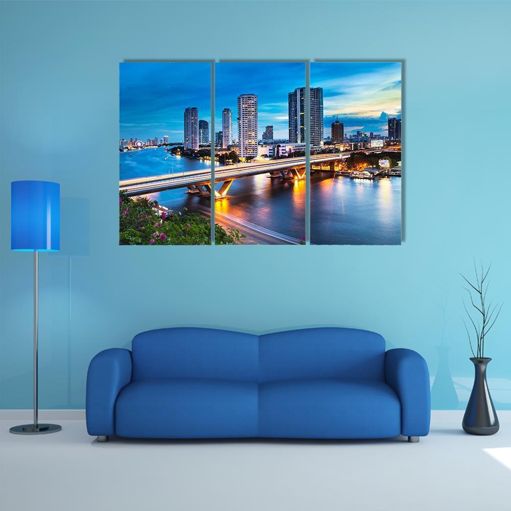Bridge Over Phraya River Canvas Wall Art-3 Horizontal-Gallery Wrap-37" x 24"-Tiaracle
