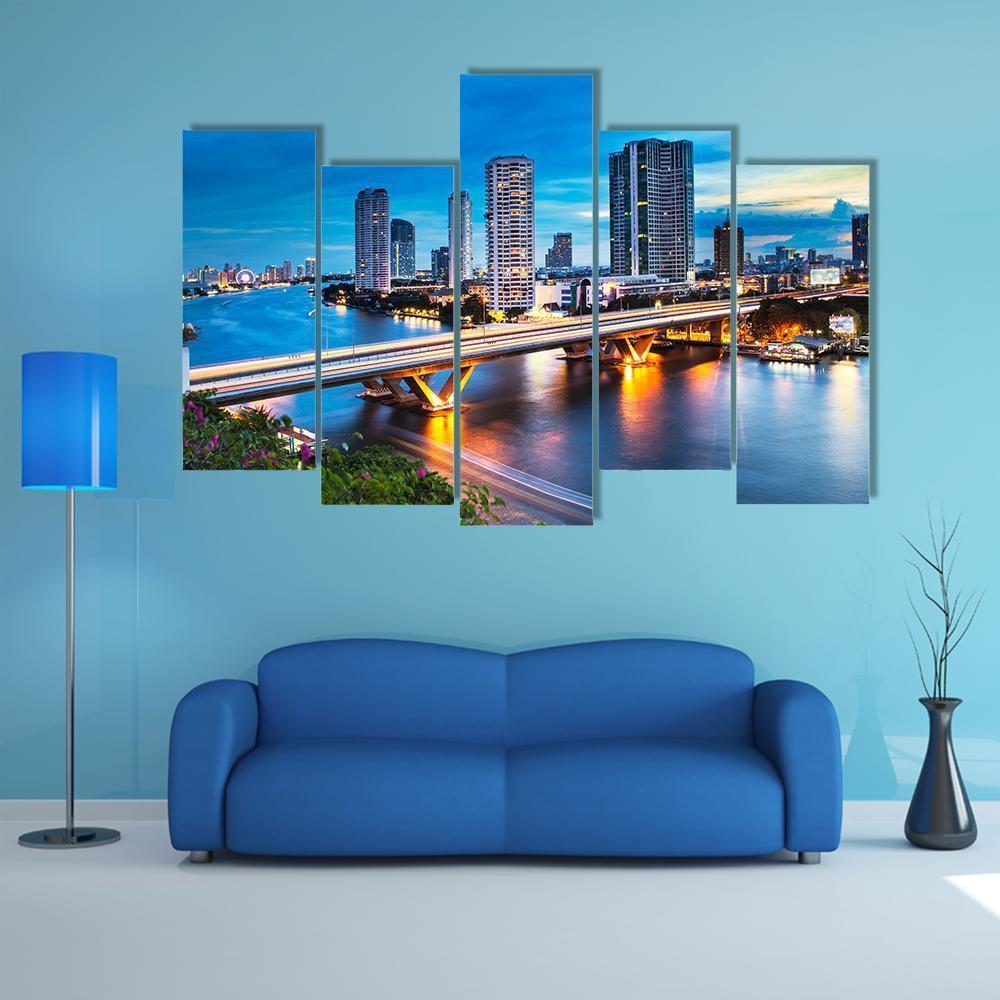 Bridge Over Phraya River Canvas Wall Art-5 Pop-Gallery Wrap-47" x 32"-Tiaracle