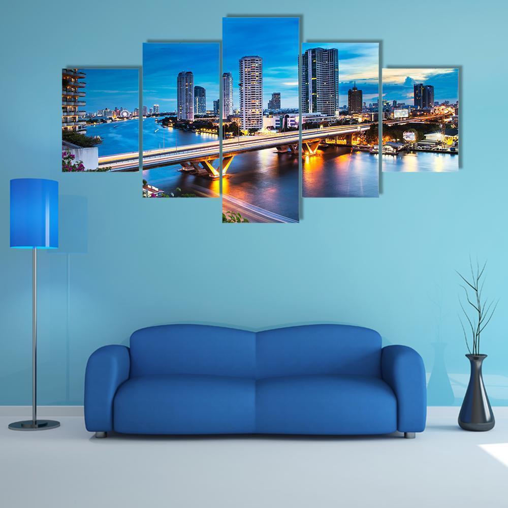 Bridge Over Phraya River Canvas Wall Art-5 Star-Gallery Wrap-62" x 32"-Tiaracle
