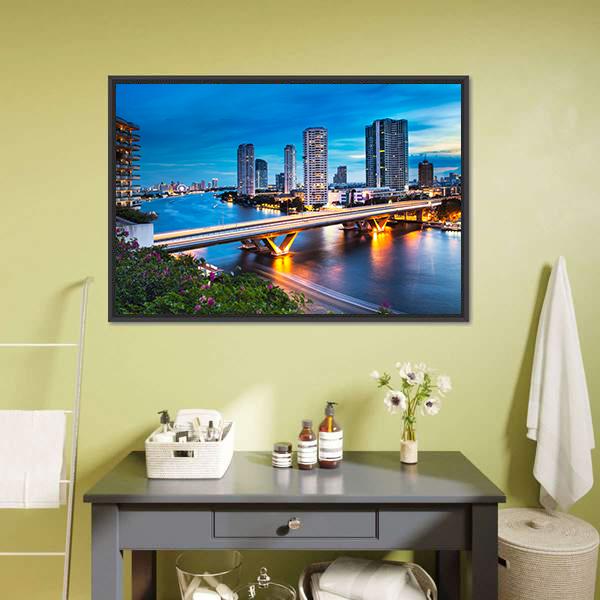 Bridge Over Phraya River Canvas Wall Art-3 Horizontal-Gallery Wrap-25" x 16"-Tiaracle