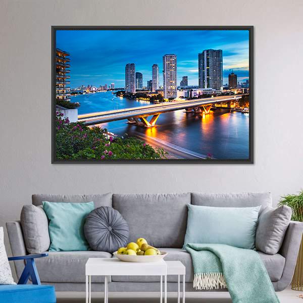 Bridge Over Phraya River Canvas Wall Art-1 Piece-Floating Frame-24" x 16"-Tiaracle