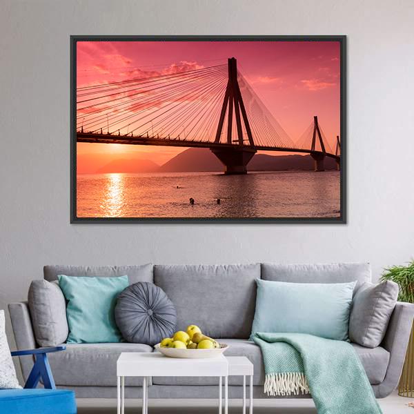 Bridge Rio Antirio Greece Canvas Wall Art-1 Piece-Floating Frame-24" x 16"-Tiaracle