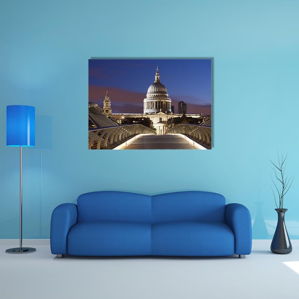 Millennium Bridge to St Paul's Cathedral Canvas Wall Art in gray, yellow and blue, single panel hung on a wall
