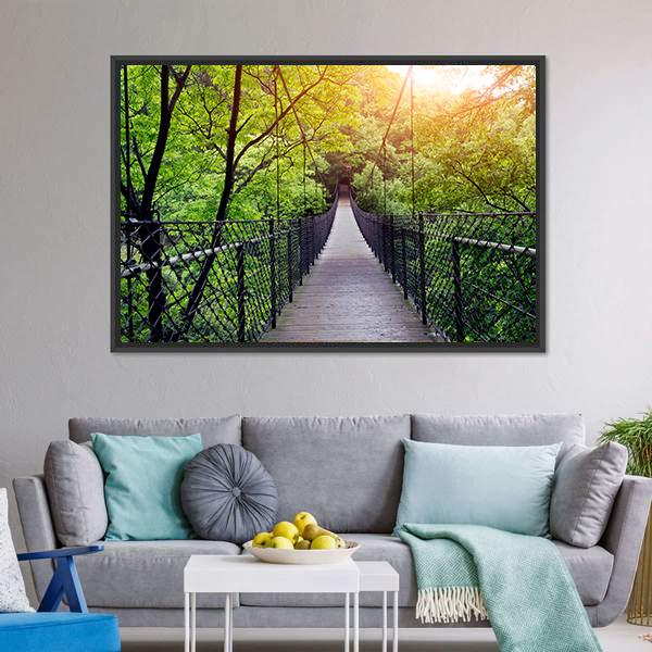 Bridge to the Jungle Canvas Wall Art in brown, yellow and green, framed canvas, product view on a white background