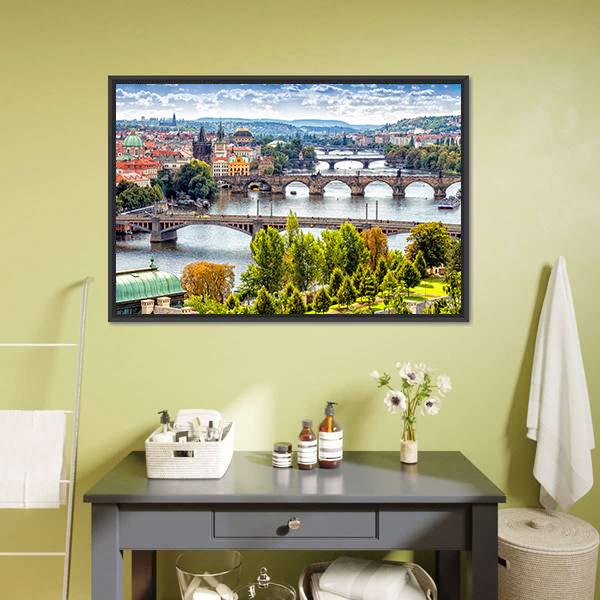 Bridges On The Vltava River Canvas Wall Art-1 Piece-Floating Frame-36" x 24"-Tiaracle
