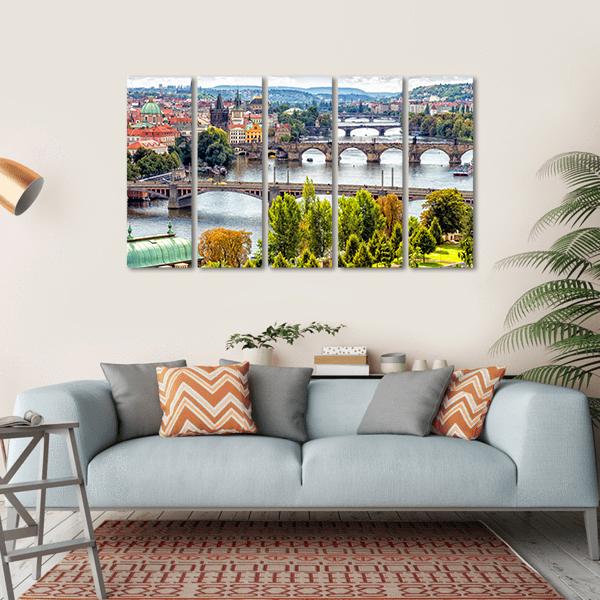 Bridges On The Vltava River Canvas Wall Art-5 Horizontal-Gallery Wrap-22" x 12"-Tiaracle