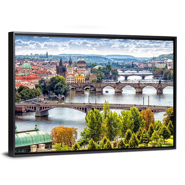 Bridges On The Vltava River Canvas Wall Art-3 Horizontal-Gallery Wrap-25" x 16"-Tiaracle