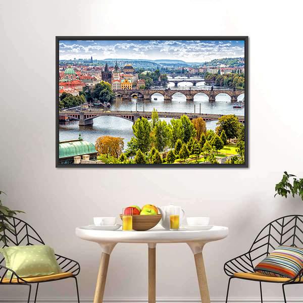 Bridges On The Vltava River Canvas Wall Art-3 Horizontal-Gallery Wrap-25" x 16"-Tiaracle