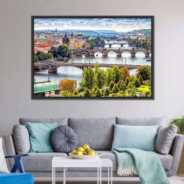 Bridges On The Vltava River Canvas Wall Art-1 Piece-Floating Frame-24" x 16"-Tiaracle