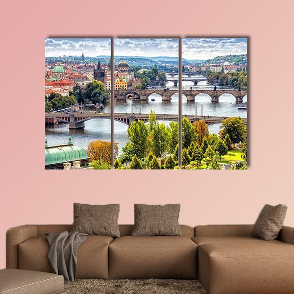 Bridges On The Vltava River Canvas Wall Art-3 Horizontal-Gallery Wrap-25" x 16"-Tiaracle