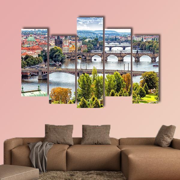 Bridges On The Vltava River Canvas Wall Art-5 Pop-Gallery Wrap-47" x 32"-Tiaracle
