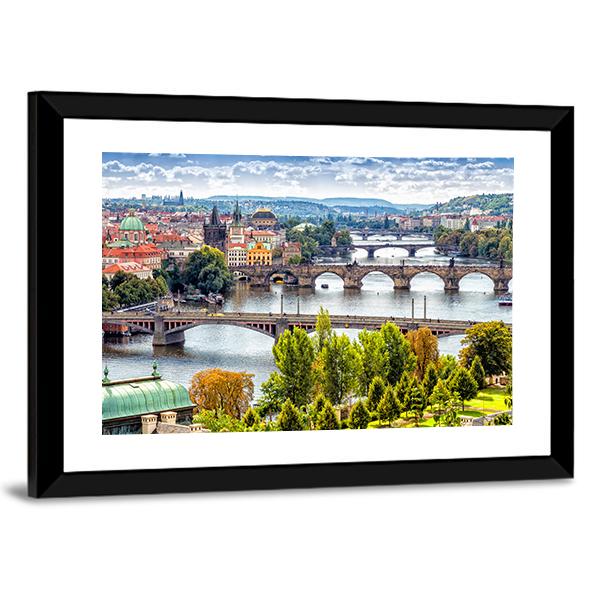 Bridges On The Vltava River Canvas Wall Art-3 Horizontal-Gallery Wrap-25" x 16"-Tiaracle