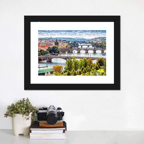 Bridges On The Vltava River Canvas Wall Art-1 Piece-Framed Print-20" x 16"-Tiaracle
