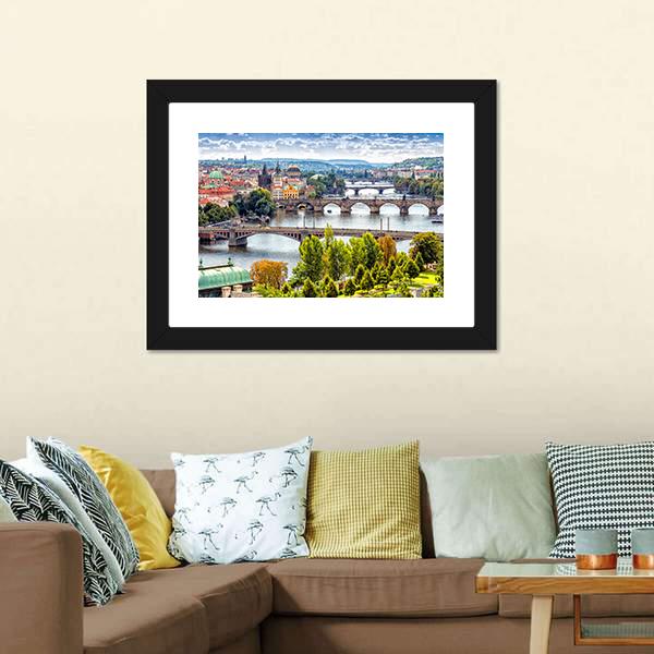 Bridges On The Vltava River Canvas Wall Art-3 Horizontal-Gallery Wrap-25" x 16"-Tiaracle