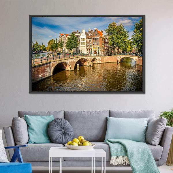 Bridges Over Canals Amsterdam Canvas Wall Art-1 Piece-Floating Frame-24" x 16"-Tiaracle