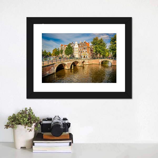 Bridges Over Canals Amsterdam Canvas Wall Art-1 Piece-Framed Print-20" x 16"-Tiaracle