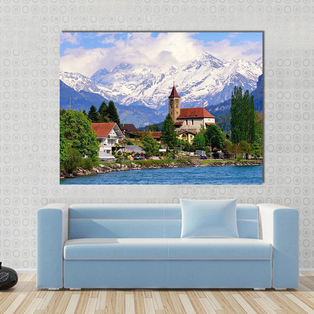 Brienz Town at Lake Switzerland Canvas Wall Art in white, green and blue, single panel hung on a wall