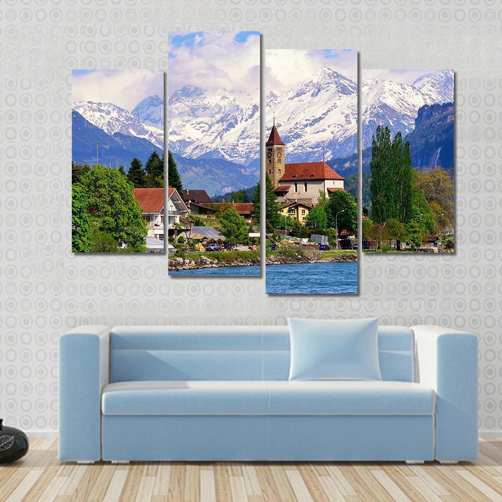 Brienz Town At Lake Switzerland Canvas Wall Art-4 Pop-Gallery Wrap-50" x 32"-Tiaracle