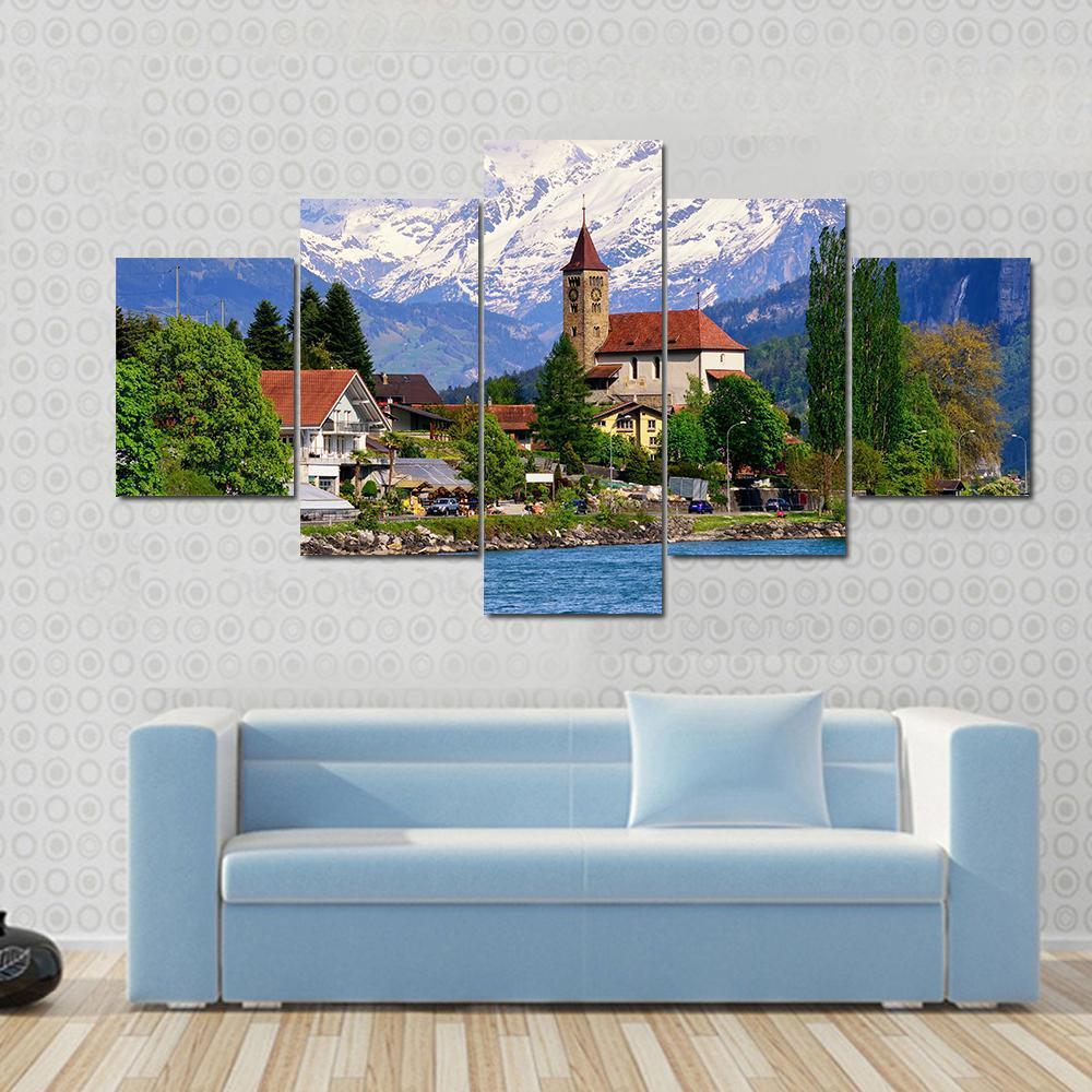 Brienz Town At Lake Switzerland Canvas Wall Art-5 Star-Gallery Wrap-62" x 32"-Tiaracle