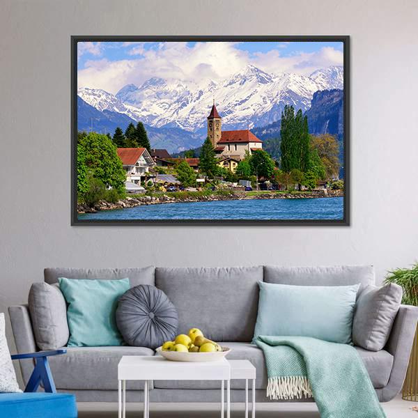 Brienz Town At Lake Switzerland Canvas Wall Art-1 Piece-Floating Frame-24" x 16"-Tiaracle